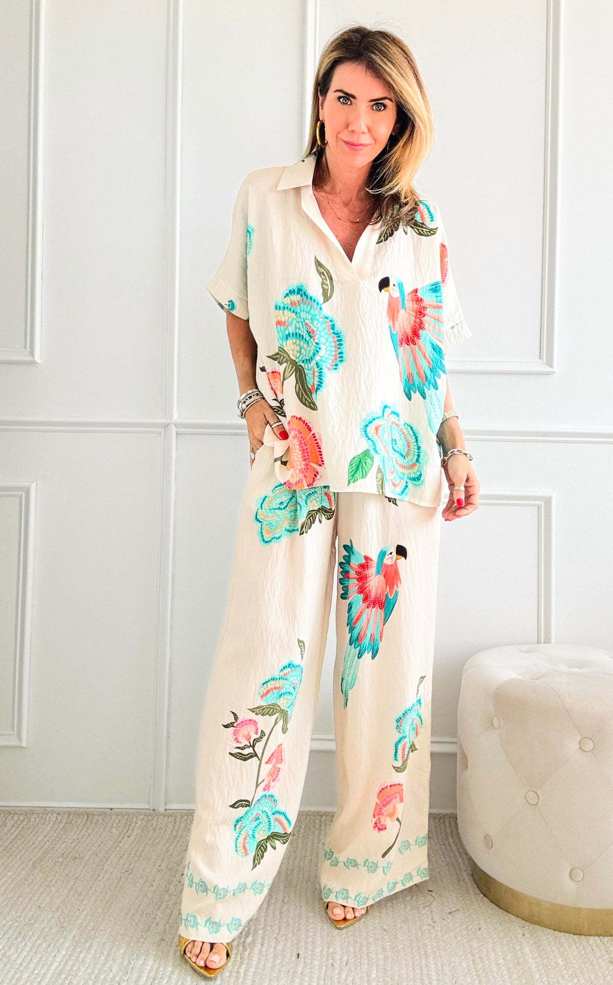 Feathered Flora Italian Pant - Coral/Turquoise-170 Bottoms-Italianissimo-Coastal Bloom Boutique, find the trendiest versions of the popular styles and looks Located in Indialantic, FL