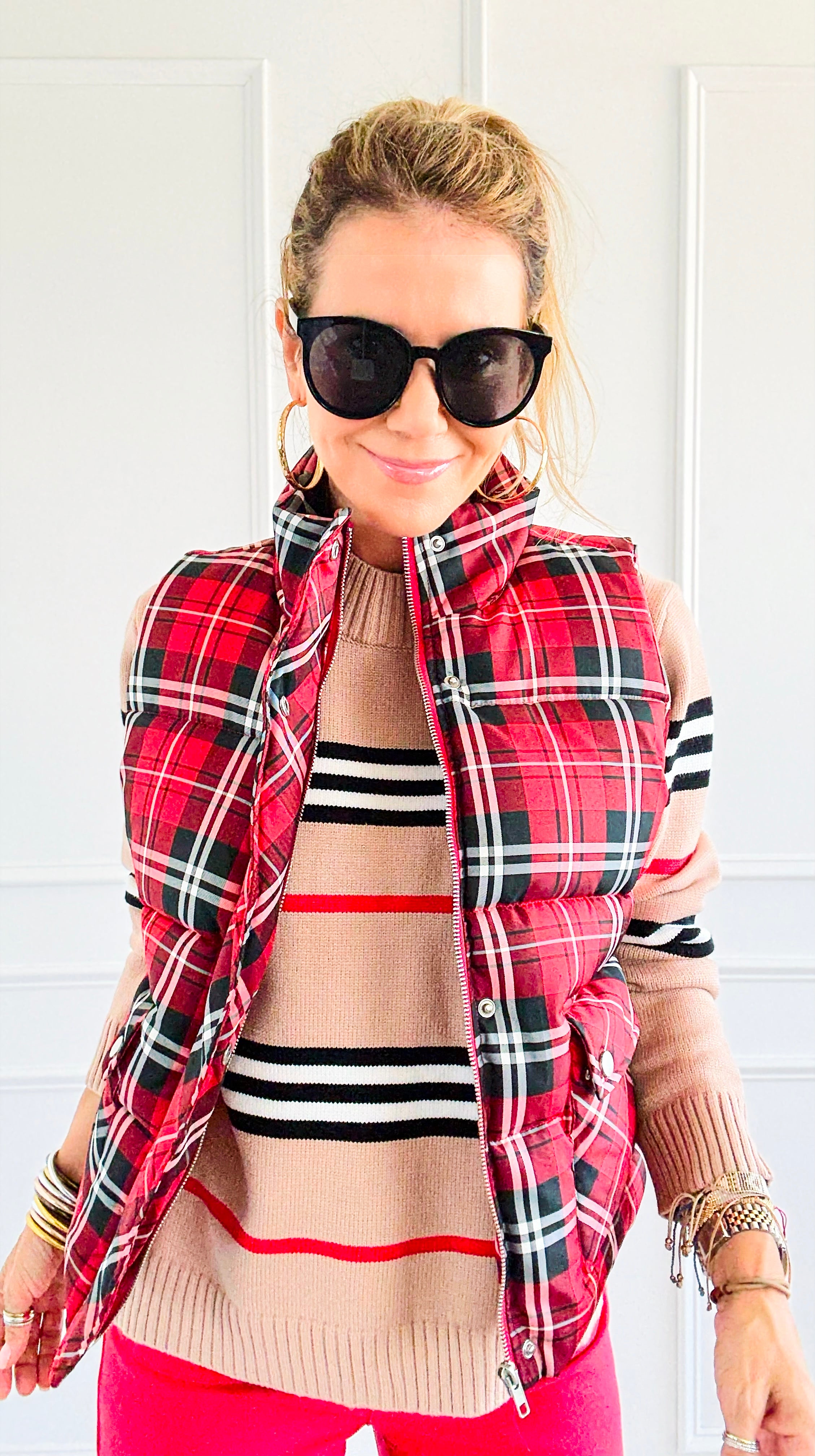 Plaid Printed Padded Vest - Red-150 Cardigans/Layers-Jodifl-Coastal Bloom Boutique, find the trendiest versions of the popular styles and looks Located in Indialantic, FL