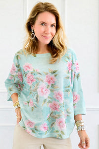 Spring Romance Rose St Tropez Short Sleeve Sweater- Mint