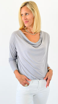 Draped Desire Everywhere Cowl Neck Top - Silver-110 Long Sleeve Tops-Ariella-Coastal Bloom Boutique, find the trendiest versions of the popular styles and looks Located in Indialantic, FL