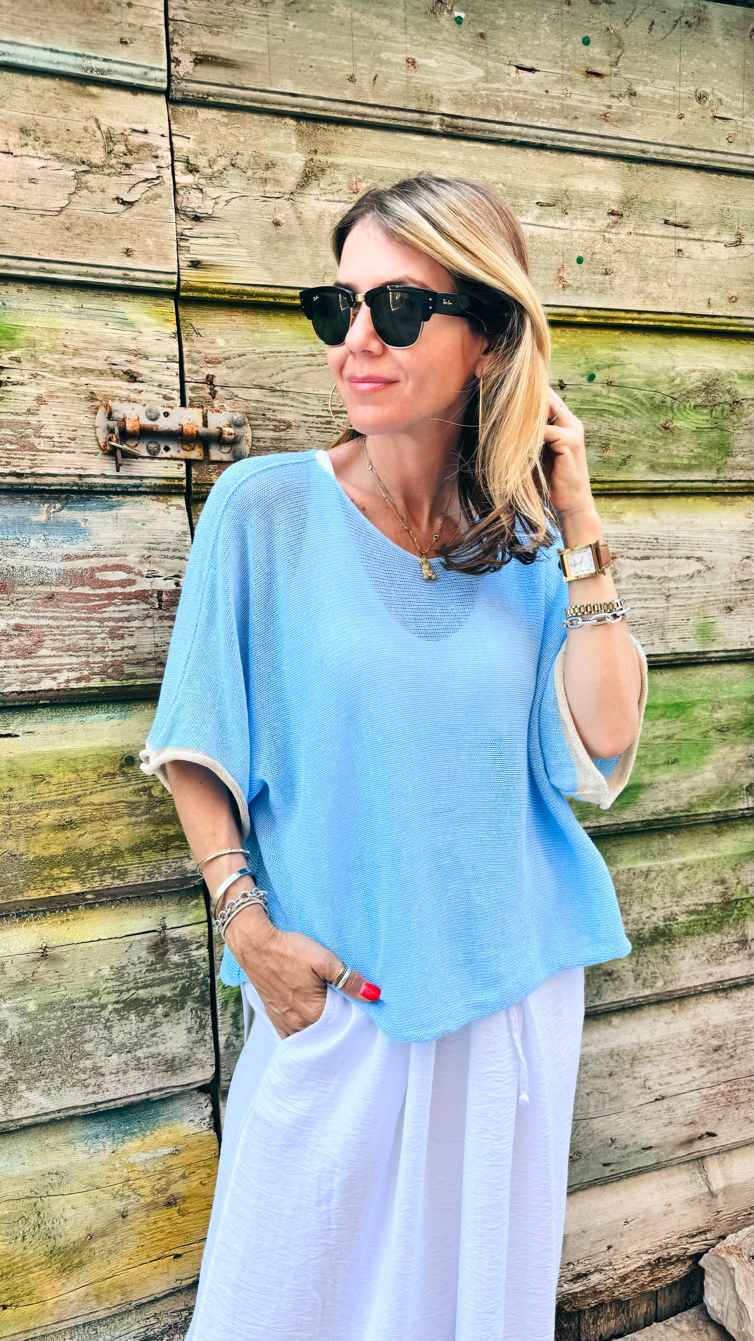 Contrast Coast Italian Knit - Light Blue/Beige-100 Sleeveless Tops-Italianissimo-Coastal Bloom Boutique, find the trendiest versions of the popular styles and looks Located in Indialantic, FL