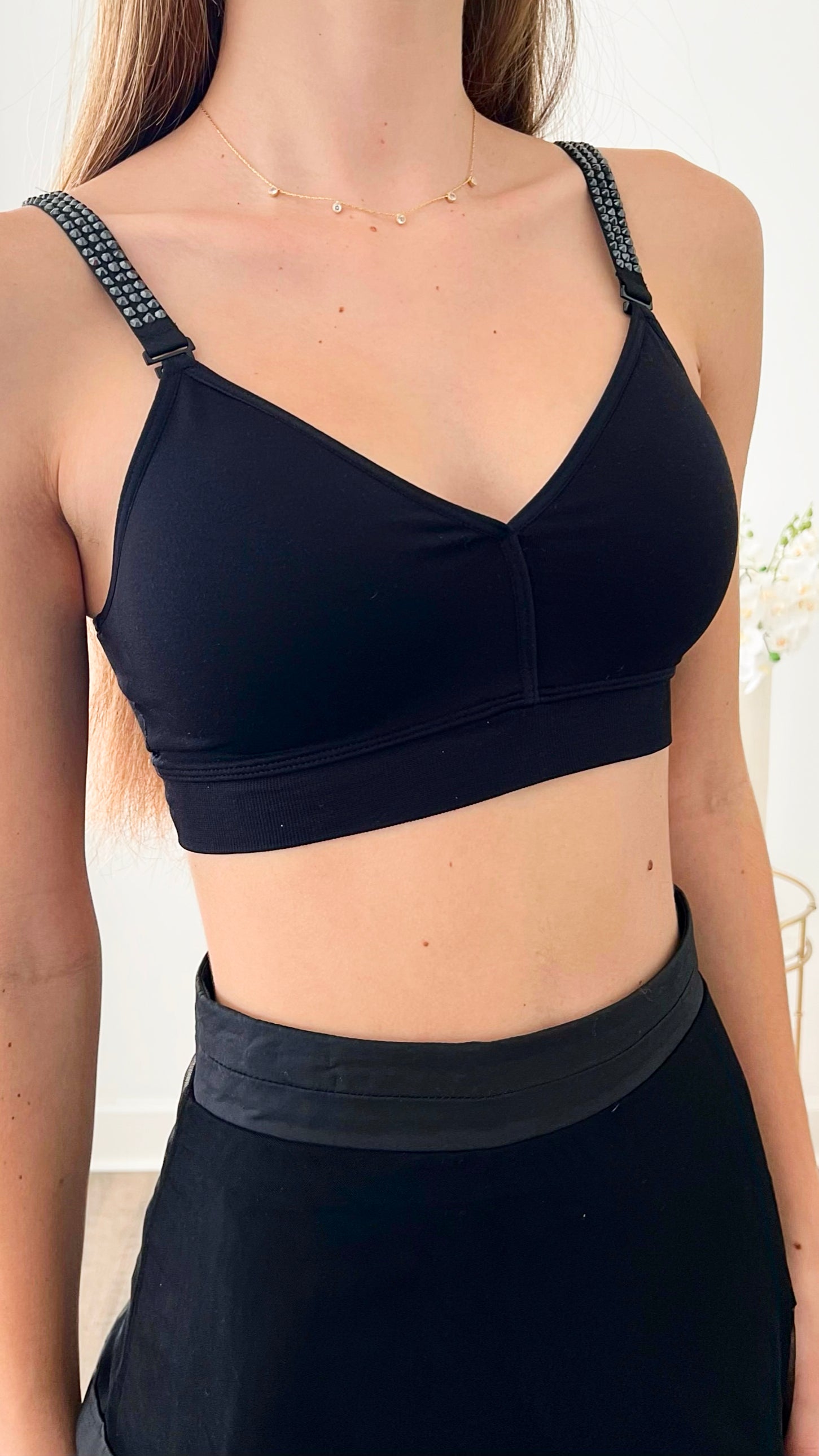 One Size Black/Onyx Crystals Plunge Bra-220 Intimates-Strap-its-Coastal Bloom Boutique, find the trendiest versions of the popular styles and looks Located in Indialantic, FL