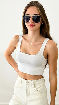 Ribbed Square Neck Cropped Tan Top - White-220 Intimates-Zenana-Coastal Bloom Boutique, find the trendiest versions of the popular styles and looks Located in Indialantic, FL