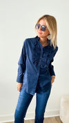 Classic Long Sleeve Navy Cotton Lawn Ruffle Shirt-130 Long Sleeve Tops-Grenouille-Coastal Bloom Boutique, find the trendiest versions of the popular styles and looks Located in Indialantic, FL