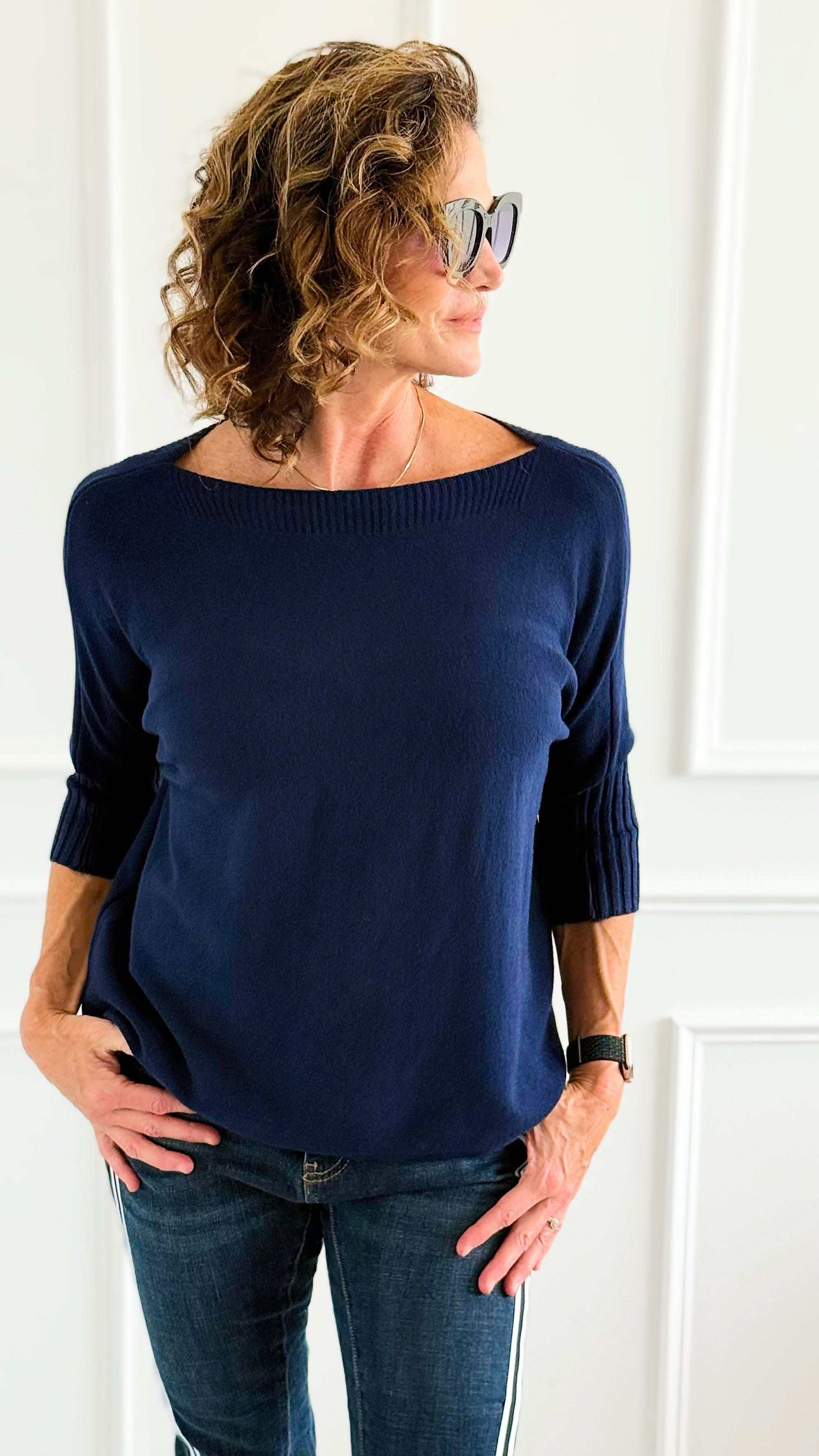 Break Free Round - Neck 3/4 Sleeve Italian Sweater Top - Navy-140 Sweaters-J.D. PRONTO MODA-Coastal Bloom Boutique, find the trendiest versions of the popular styles and looks Located in Indialantic, FL