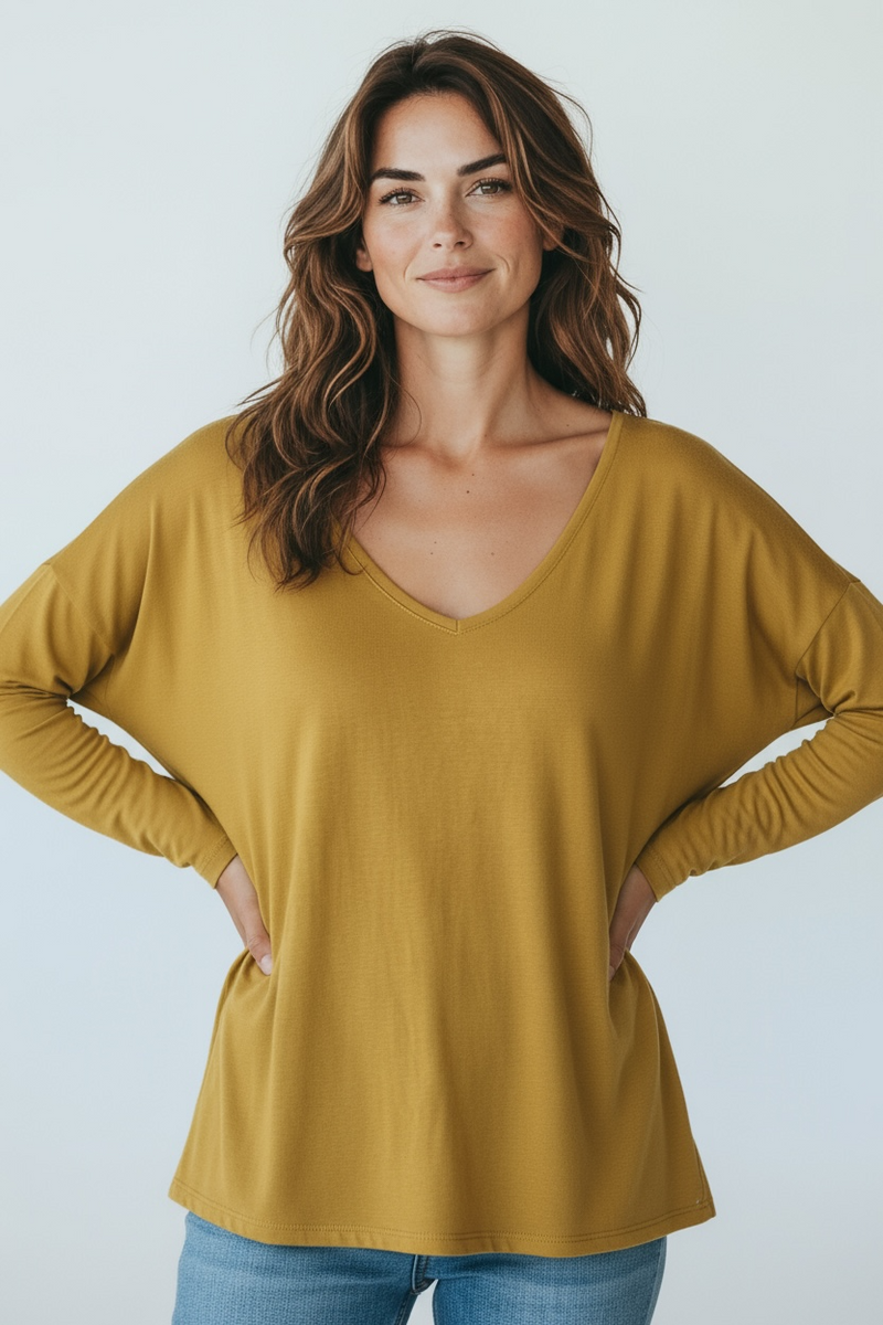 Italian V-Neck Jersey Top-Mustard-110 Long Sleeve Tops-FATTURA ACCOMPAGNATORIA-Coastal Bloom Boutique, find the trendiest versions of the popular styles and looks Located in Indialantic, FL