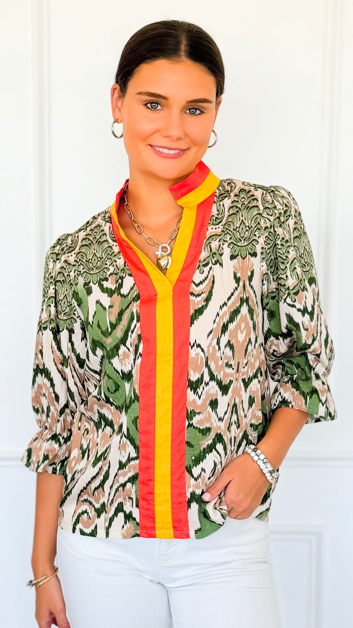 Sunburst Pop Notch Blouse Top-110 short Sleeve Top-VOY-Coastal Bloom Boutique, find the trendiest versions of the popular styles and looks Located in Indialantic, FL