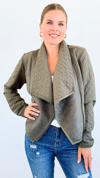 Faux Snake Skin & Suede Jacket - Olive-130 Long Sleeve Tops-mystree-Coastal Bloom Boutique, find the trendiest versions of the popular styles and looks Located in Indialantic, FL