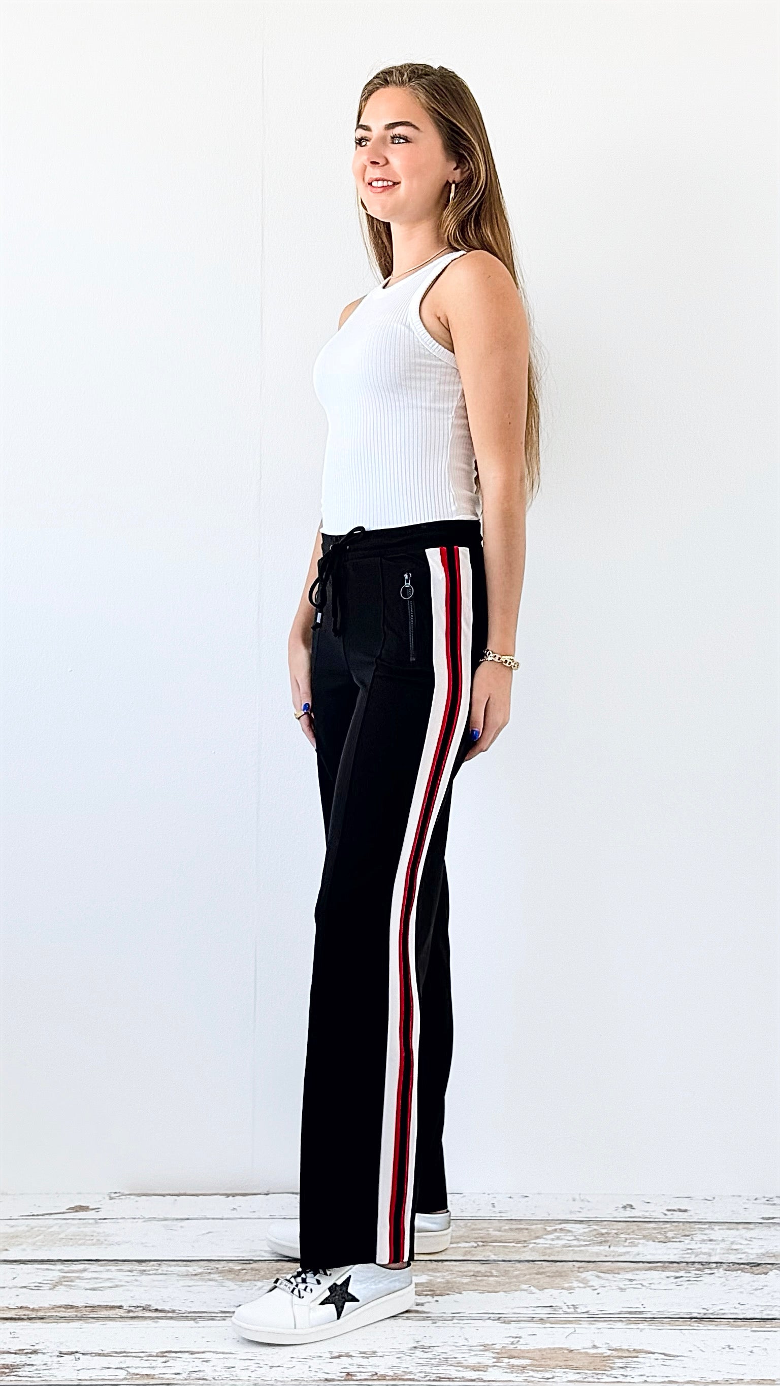 Side Stripe Wide-Leg Track Pants- Black/Red-100 Pants-Boom Boom Jeans-Coastal Bloom Boutique, find the trendiest versions of the popular styles and looks Located in Indialantic, FL