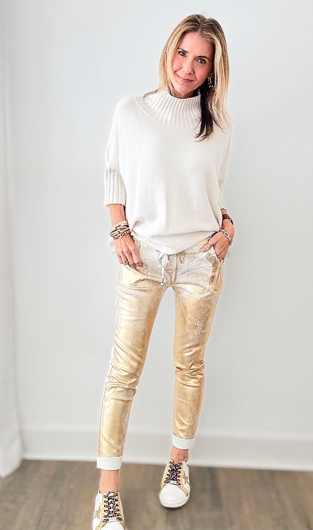 Glistening Italian Joggers - White / Gold-180 Joggers-Germany-Coastal Bloom Boutique, find the trendiest versions of the popular styles and looks Located in Indialantic, FL