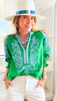 Embroidered Escape V-Neck Top - Green