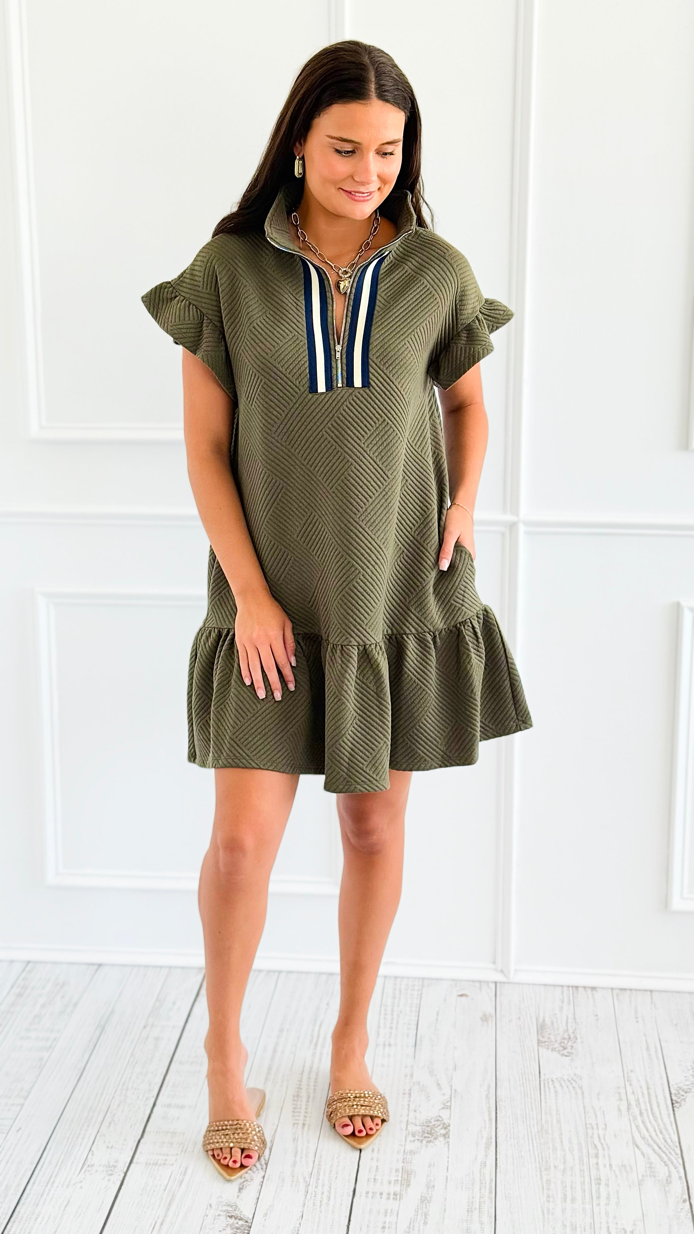 Jet Set Go Quilted Zip Mini Dress - Olive-200 Dresses/Jumpsuits/Rompers-she + sky-Coastal Bloom Boutique, find the trendiest versions of the popular styles and looks Located in Indialantic, FL