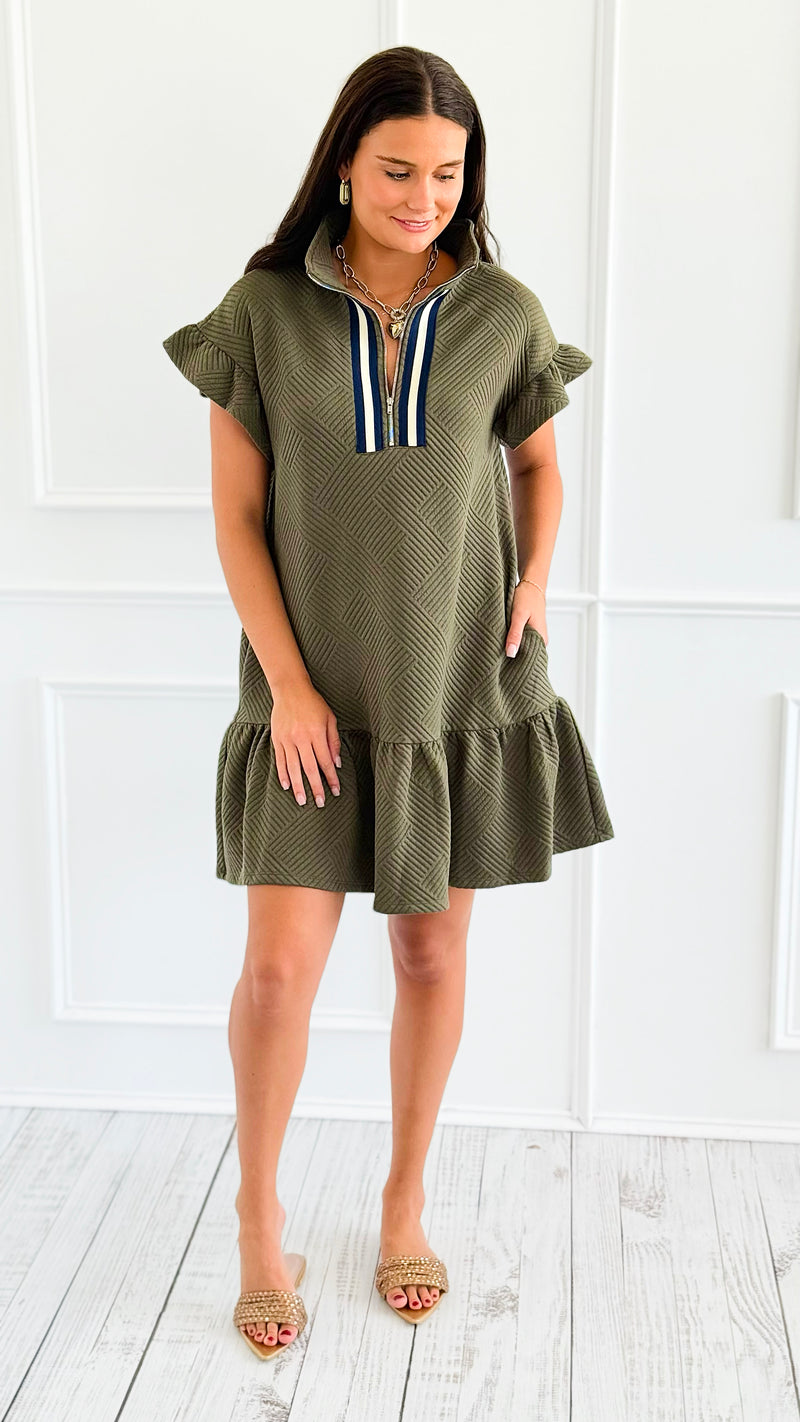Jet Set Go Quilted Zip Mini Dress - Olive-200 Dresses/Jumpsuits/Rompers-she + sky-Coastal Bloom Boutique, find the trendiest versions of the popular styles and looks Located in Indialantic, FL