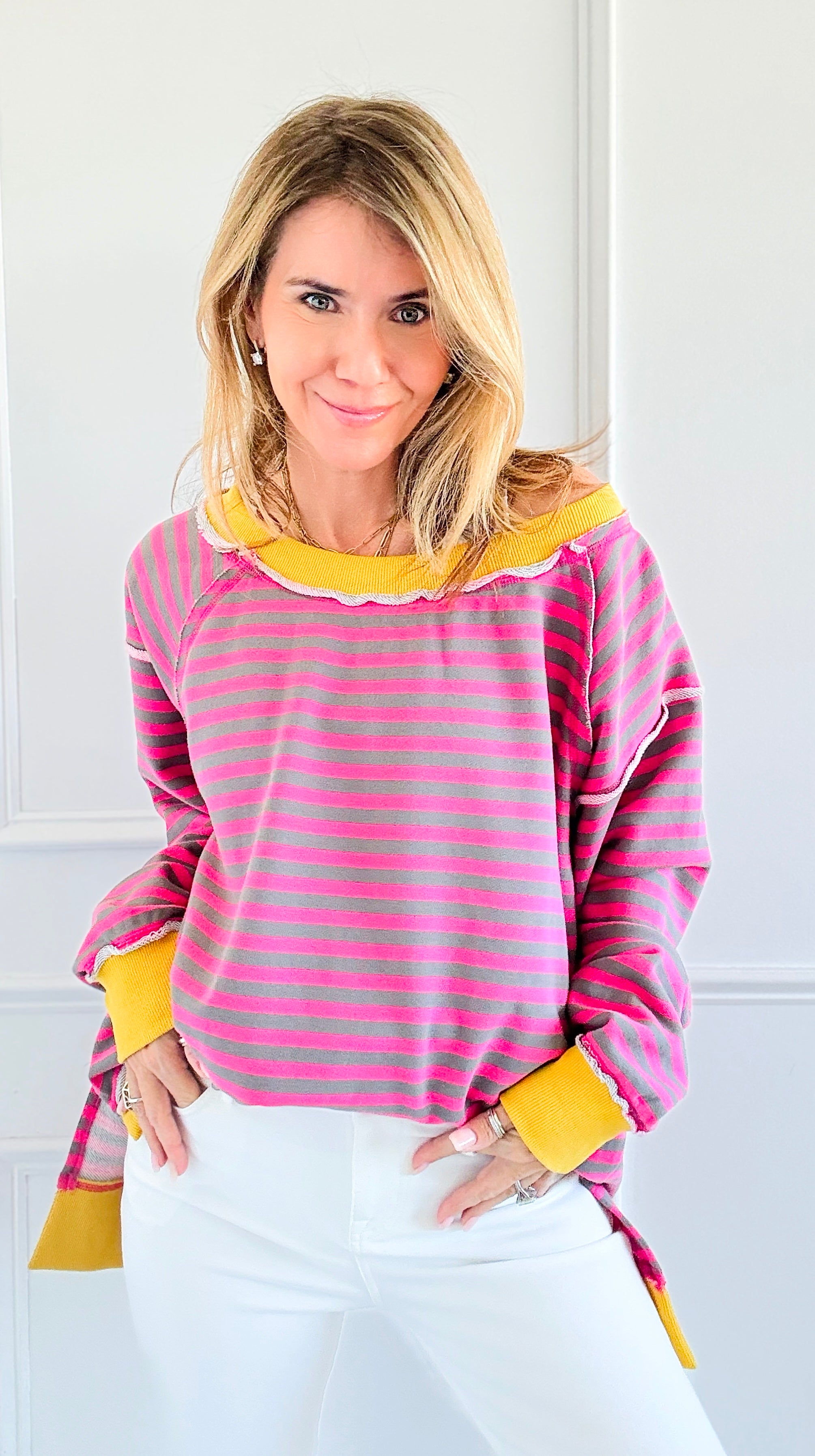 Sunny Stripes Relaxed Sweatshirt-140 Sweaters-White Birch-Coastal Bloom Boutique, find the trendiest versions of the popular styles and looks Located in Indialantic, FL