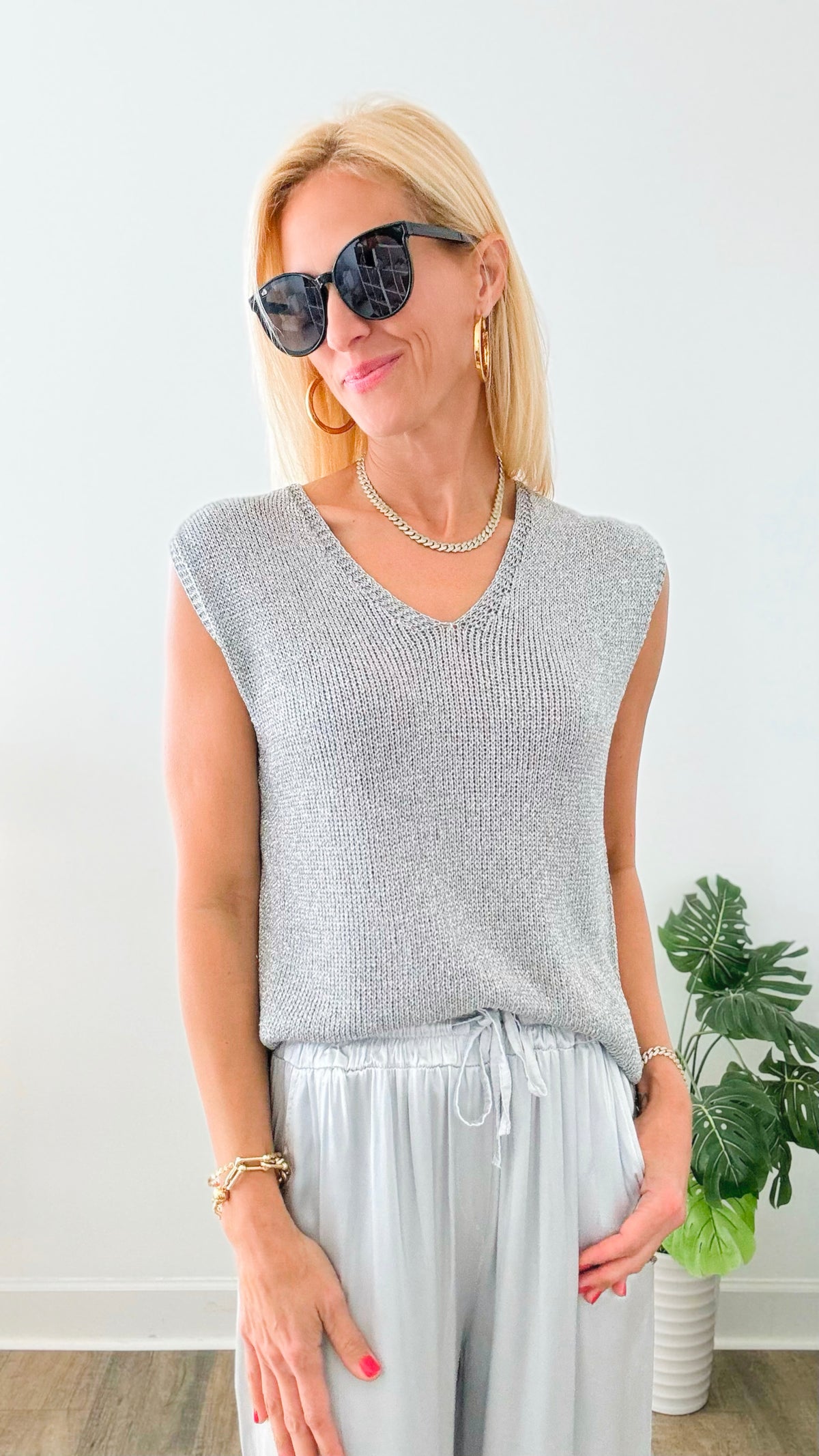 Glam With Glimmer Italian knit Vest - Silver-110 Short Sleeve Tops-Germany-Coastal Bloom Boutique, find the trendiest versions of the popular styles and looks Located in Indialantic, FL