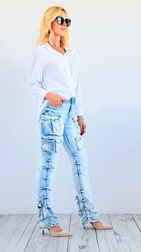 Street Style Cargo Denim Pants - Light Washed Denim-170 Bottoms-SMOKE RISE RED-Coastal Bloom Boutique, find the trendiest versions of the popular styles and looks Located in Indialantic, FL