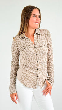 Leo Print Fitted Button-Up - Taupe-100 Sleeveless Tops-mystree-Coastal Bloom Boutique, find the trendiest versions of the popular styles and looks Located in Indialantic, FL