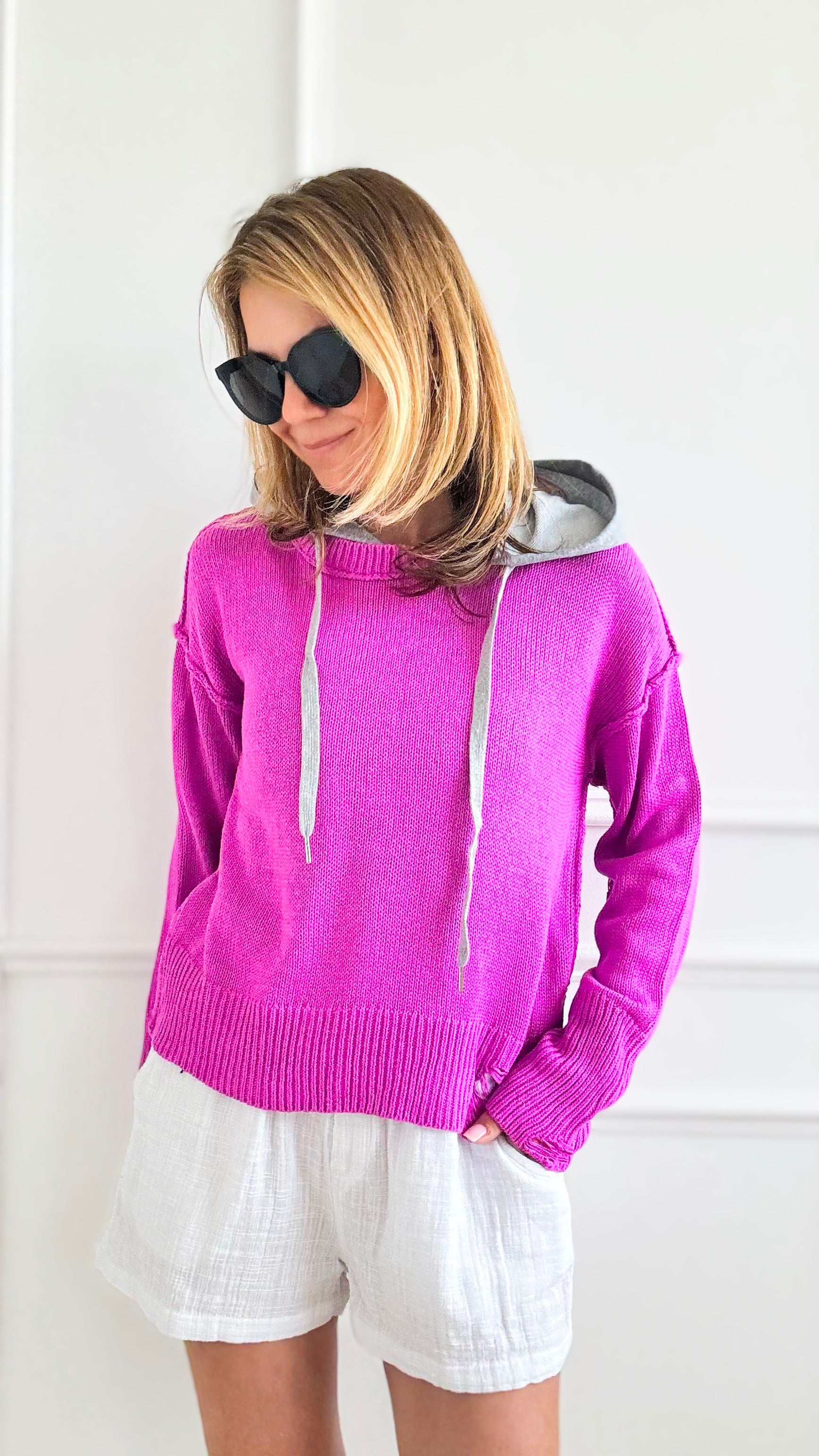 Ripped Contrast Hoodie Knit Sweater - Pink-140 Sweaters-Dance and Marvel-Coastal Bloom Boutique, find the trendiest versions of the popular styles and looks Located in Indialantic, FL