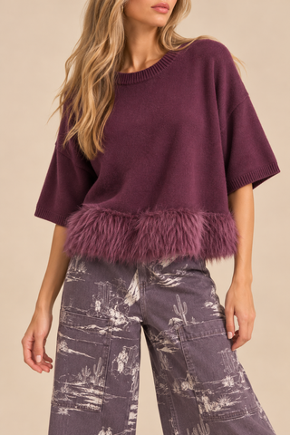 Fur Trim Knit Sweater - Burgundy