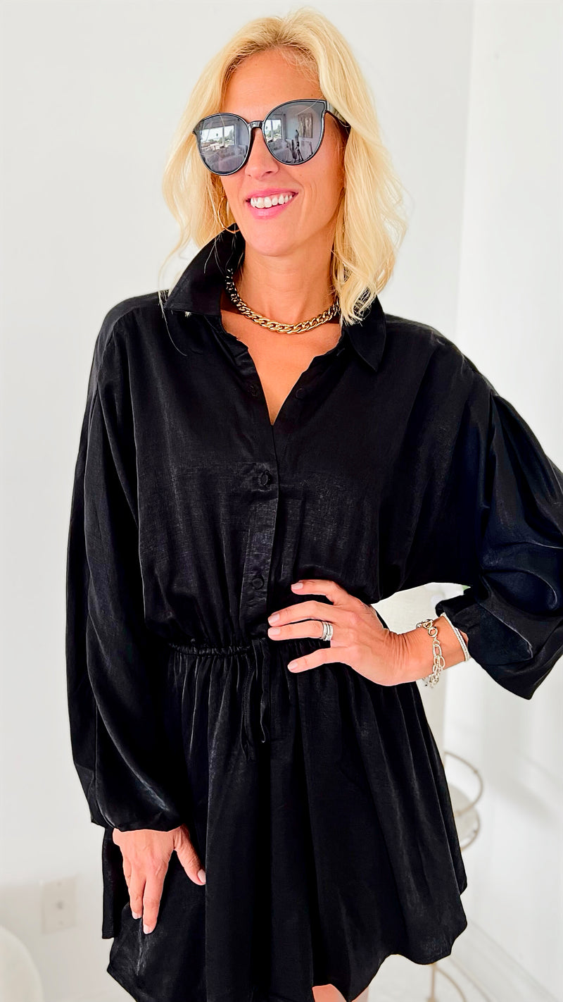 City Sweetheart Drawstring Waist Shirt Dress - Black-200 dresses/jumpsuits/rompers-HYFVE-Coastal Bloom Boutique, find the trendiest versions of the popular styles and looks Located in Indialantic, FL
