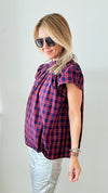 Plaid Flutter Sleeves Blouse - Red + Navy-110 Short Sleeve Tops-day + moon-Coastal Bloom Boutique, find the trendiest versions of the popular styles and looks Located in Indialantic, FL
