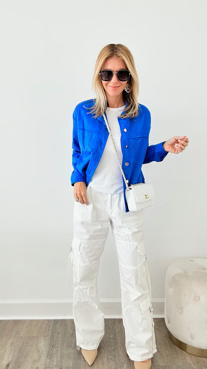 Italian Faux Suede Collared Jacket - Roya Blue-160 Jackets-VENTI6 OUTLET-Coastal Bloom Boutique, find the trendiest versions of the popular styles and looks Located in Indialantic, FL