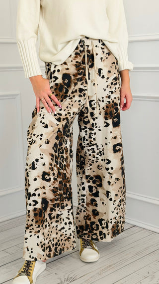 Spiced Leopard Wide Leg Italian Pant- Ecru