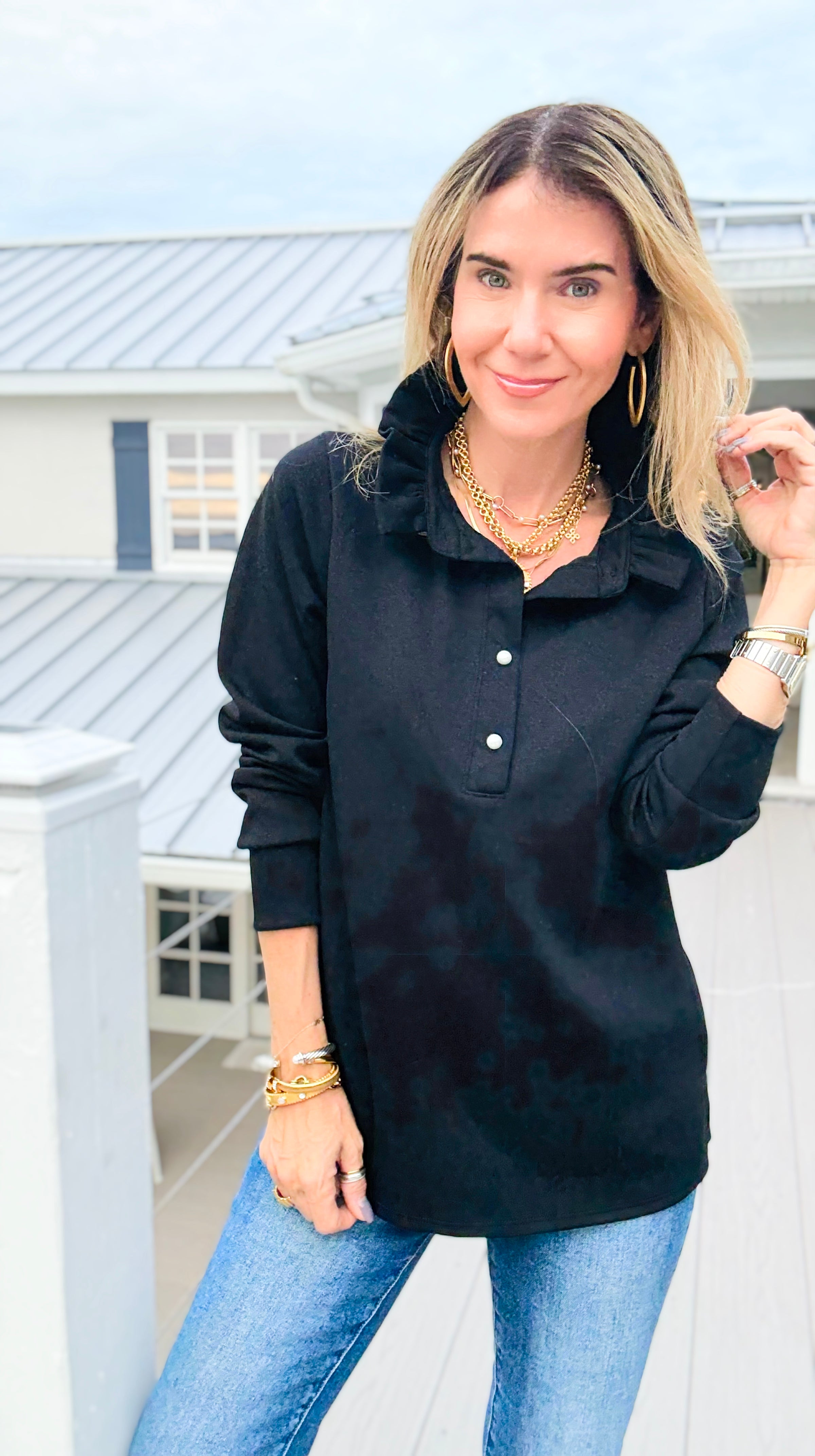 The Juliette Ruffle Long Sleeve Top- Black-110 Long Sleeve Tops-EC COLLECTION INC-Coastal Bloom Boutique, find the trendiest versions of the popular styles and looks Located in Indialantic, FL