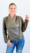 Faux Snake Skin & Suede Jacket - Olive-130 Long Sleeve Tops-mystree-Coastal Bloom Boutique, find the trendiest versions of the popular styles and looks Located in Indialantic, FL