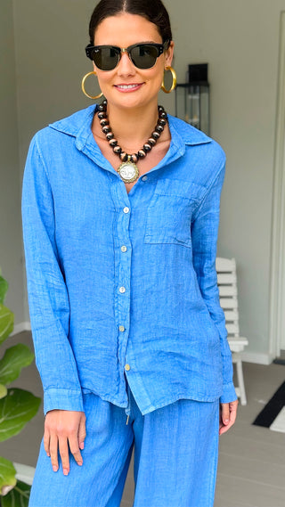 Tuscany Linen Italian Button Top- Periwinkle
