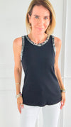 Metallic Foil Detailed Ribbed Italian Tank- Silver/Black-100 Sleeveless Tops-Italianissimo-Coastal Bloom Boutique, find the trendiest versions of the popular styles and looks Located in Indialantic, FL