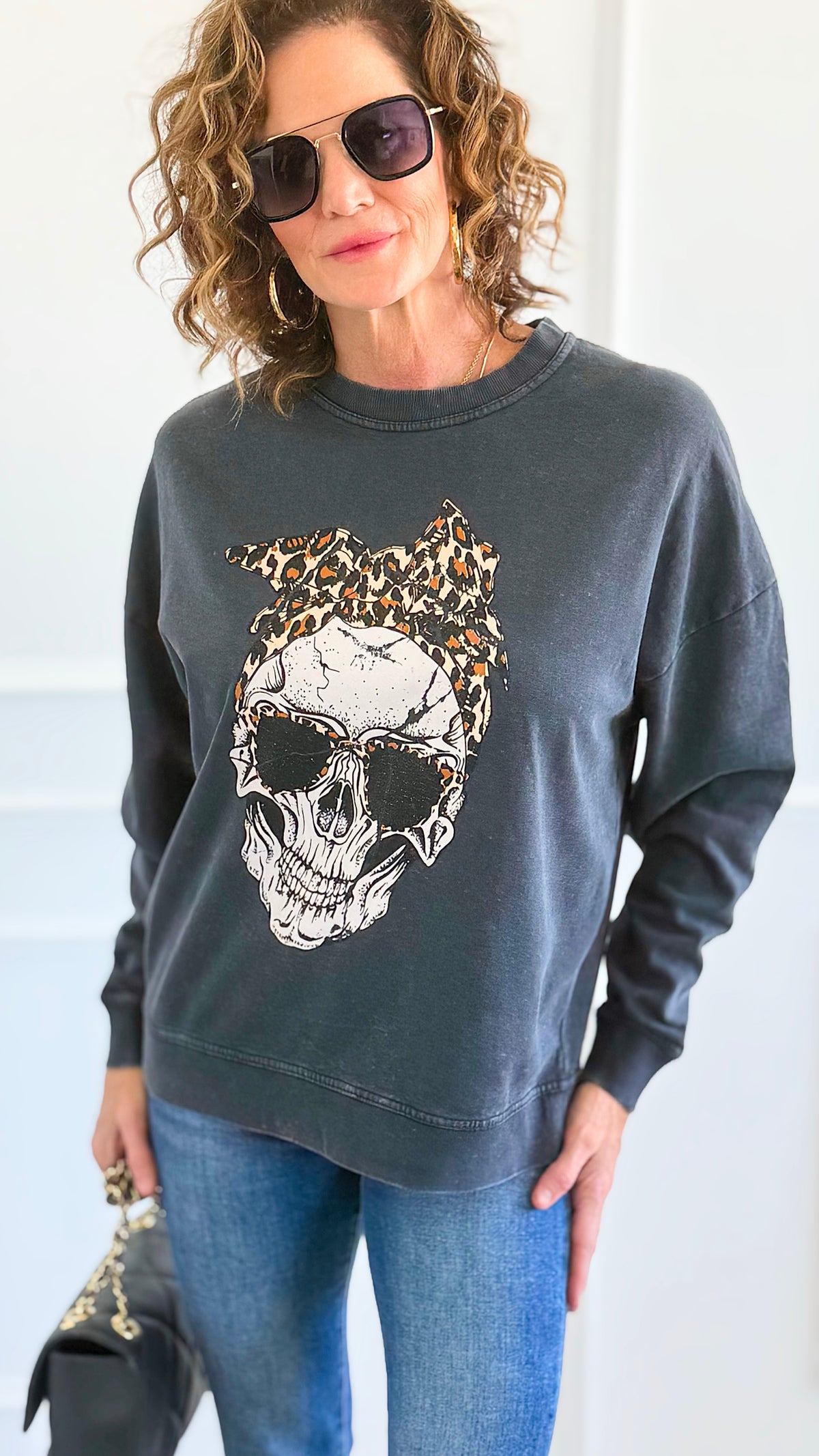 Wild Rebel Skull Italian Sweatshirt-110 Long Sleeve Tops-FIRSTAGE-Coastal Bloom Boutique, find the trendiest versions of the popular styles and looks Located in Indialantic, FL