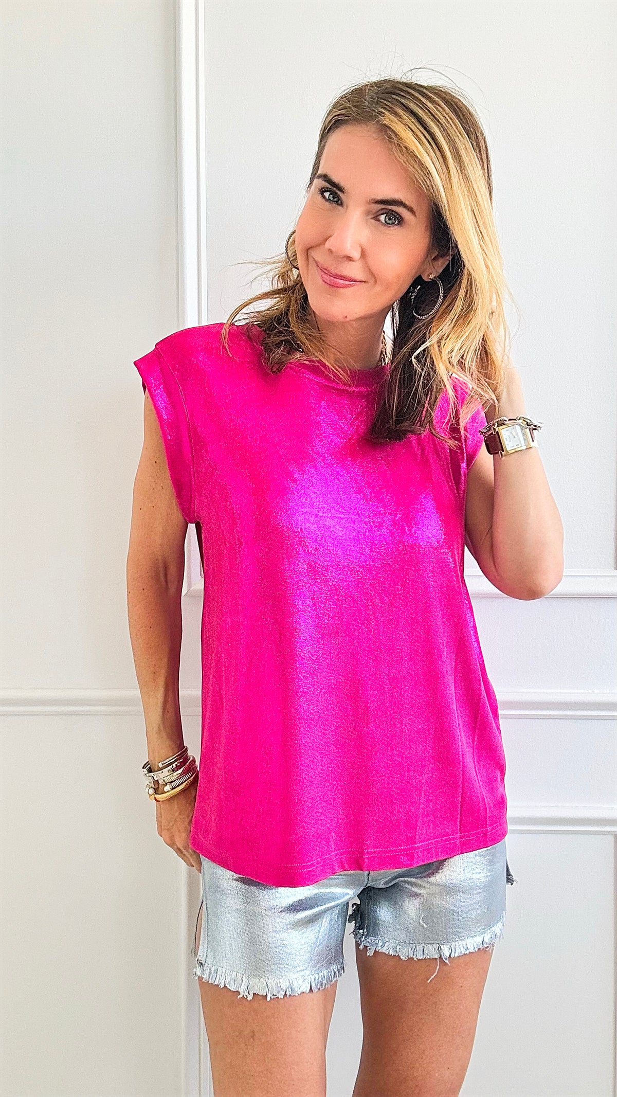 Sleeveless Metallic Knit Top - Pink-100 Sleeveless Tops-Anniewear-Coastal Bloom Boutique, find the trendiest versions of the popular styles and looks Located in Indialantic, FL