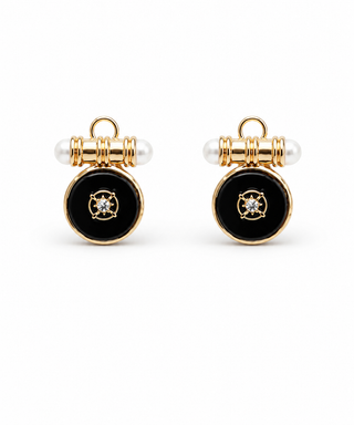 Pearl Accent Coin Drop Earrings - Black/Gold