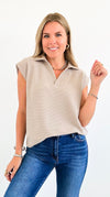 Lemon Drop Collared Knit Top - Taupe-100 Sleeveless Tops-Tres Bien-Coastal Bloom Boutique, find the trendiest versions of the popular styles and looks Located in Indialantic, FL