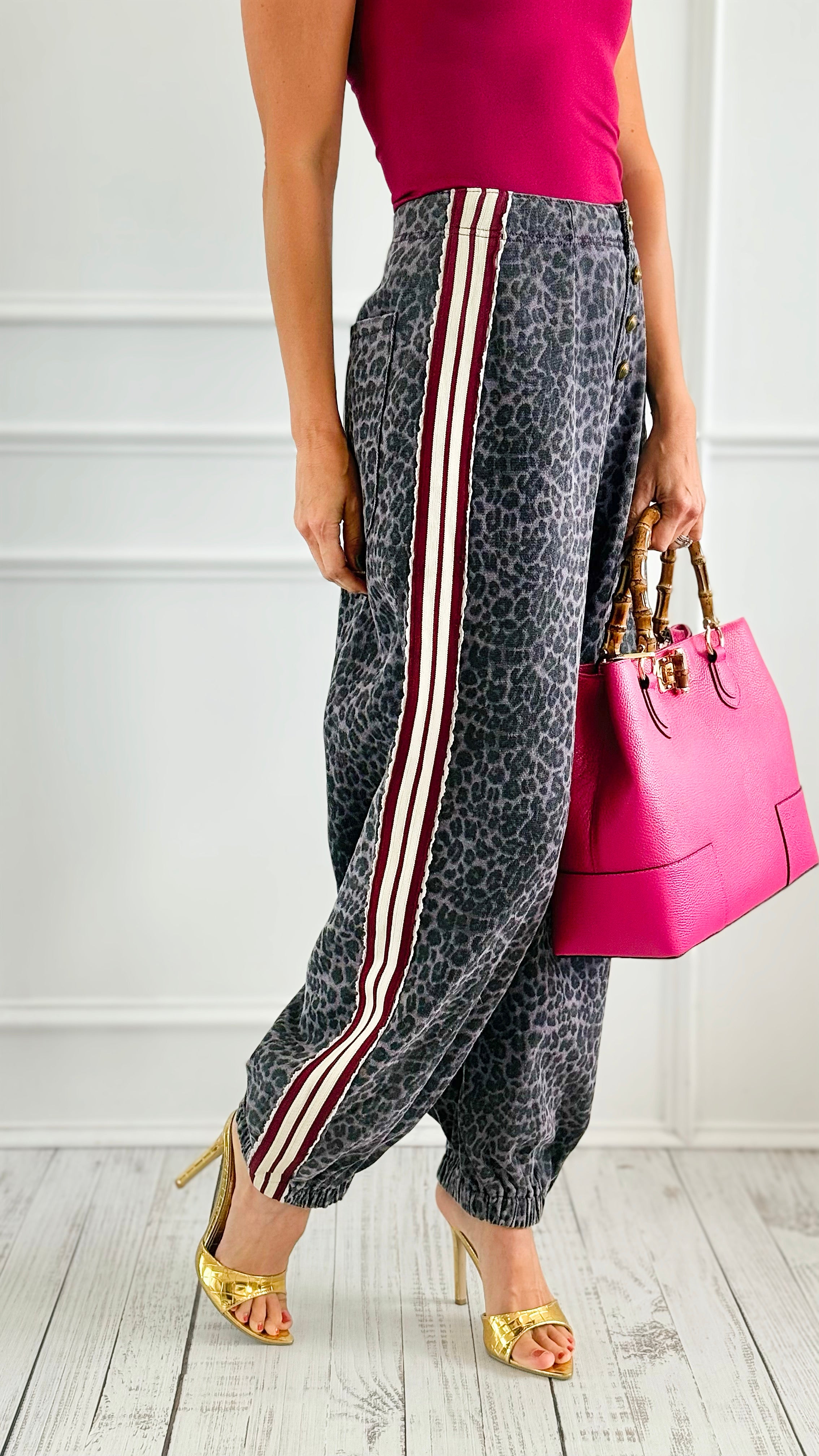 Run Wild Stripe Detail Pants - Black Leopard-170 Bottoms-POL-Coastal Bloom Boutique, find the trendiest versions of the popular styles and looks Located in Indialantic, FL