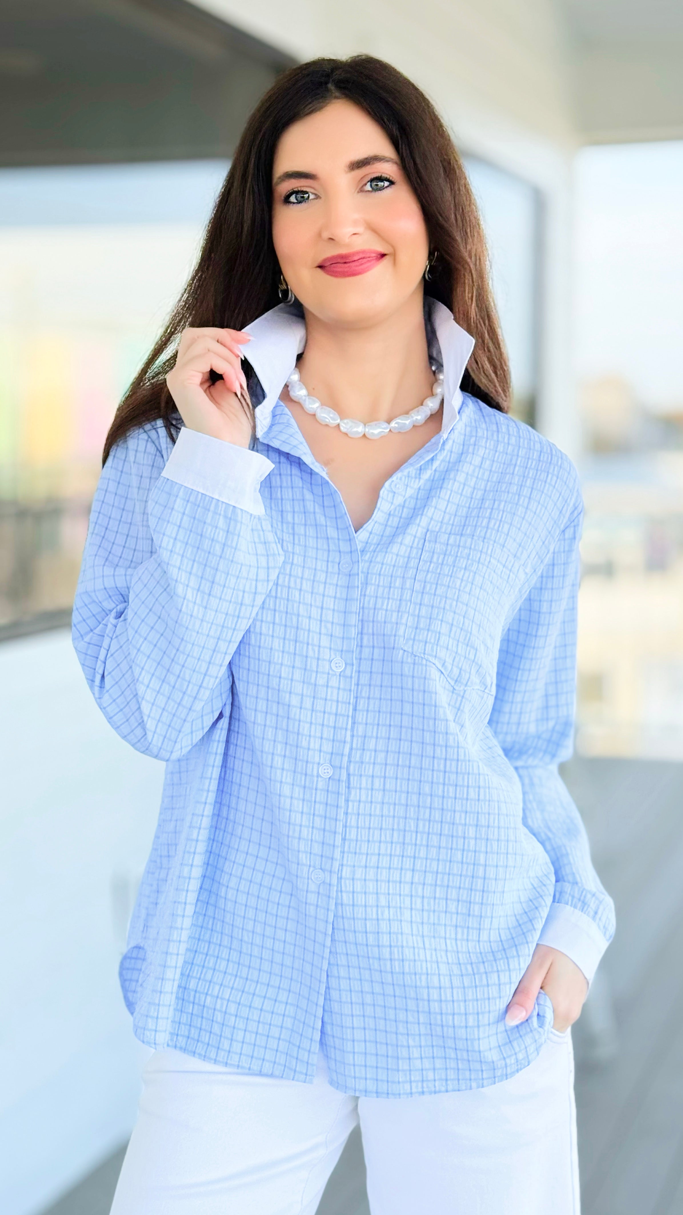 Smart Lines Italian Button Top- Blue