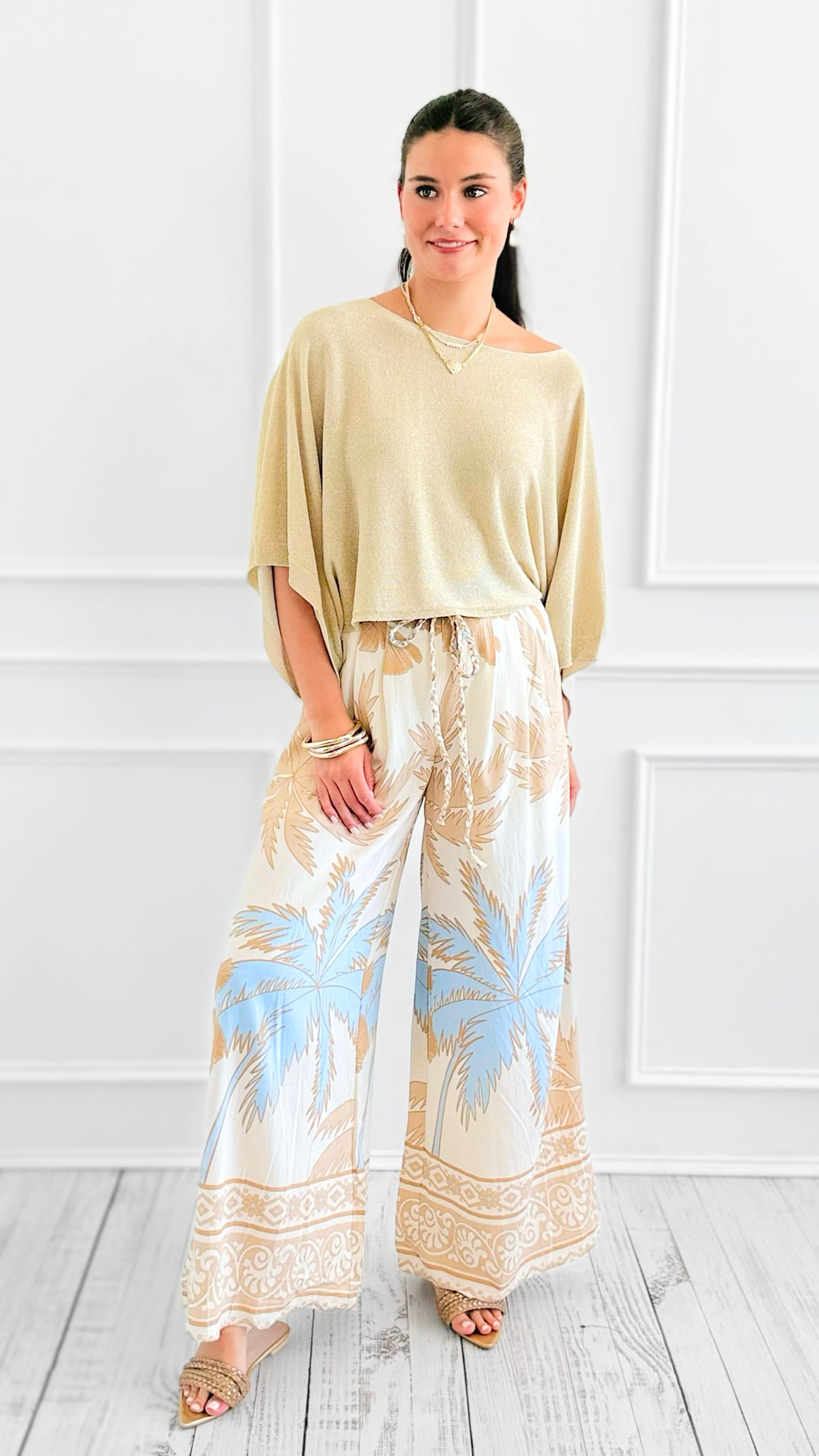 Island Hopping Border Palazzo Pants - Taupe-170 Bottoms-GIGIO-Coastal Bloom Boutique, find the trendiest versions of the popular styles and looks Located in Indialantic, FL
