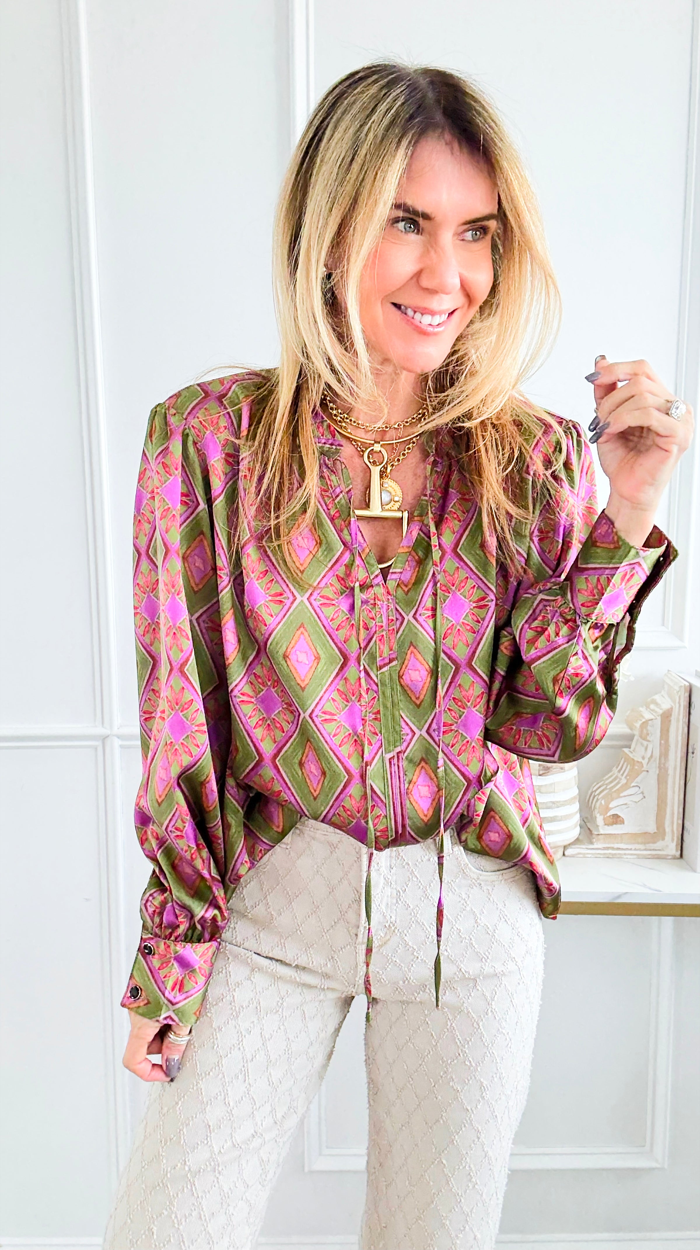 Geometric Floral Split Neck Top-110 Long Sleeve Tops-sew in love-Coastal Bloom Boutique, find the trendiest versions of the popular styles and looks Located in Indialantic, FL