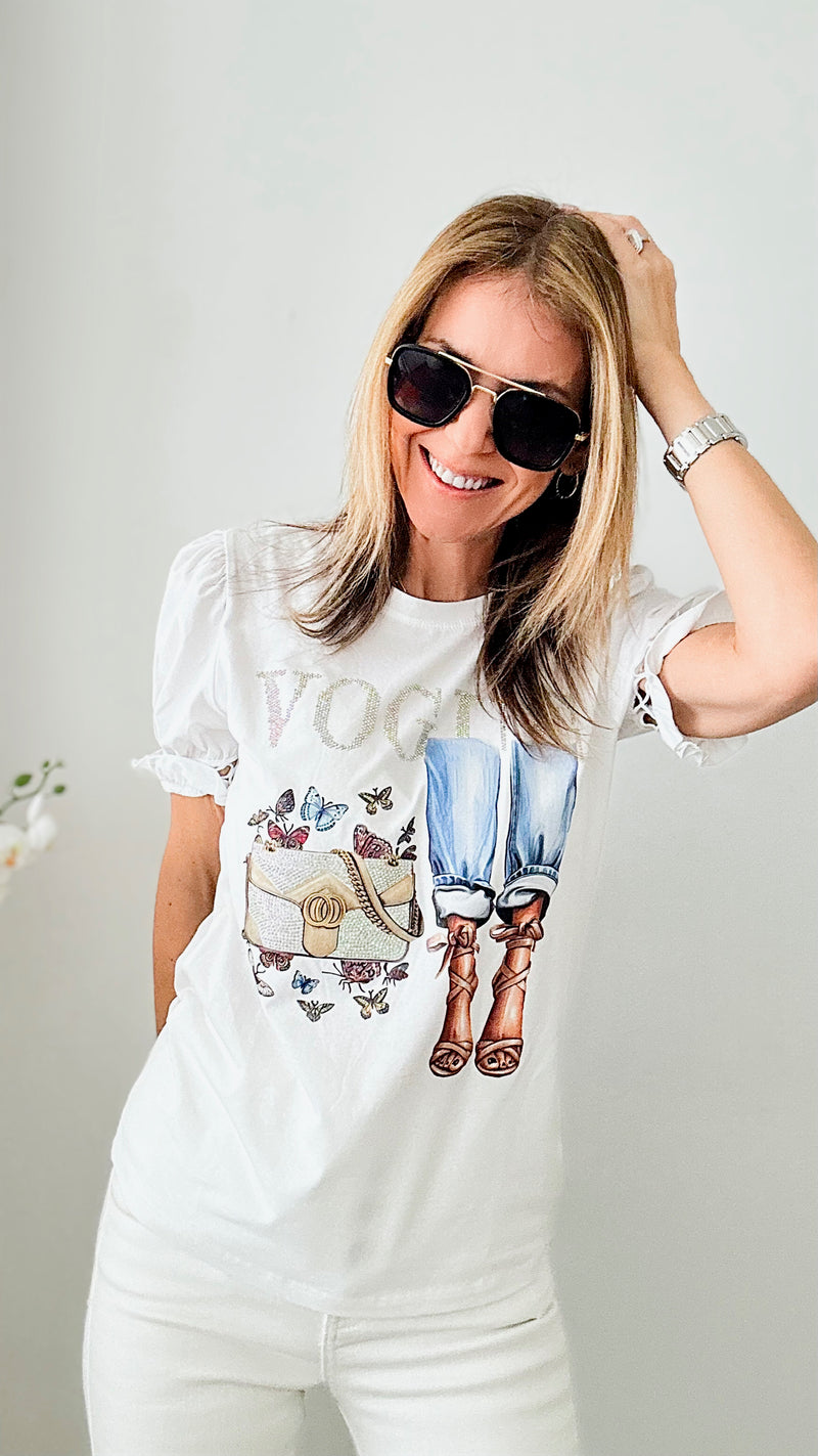 Vogue Moment Embellished Graphic Top - White-110 Short Sleeve Tops-IN2YOU-Coastal Bloom Boutique, find the trendiest versions of the popular styles and looks Located in Indialantic, FL