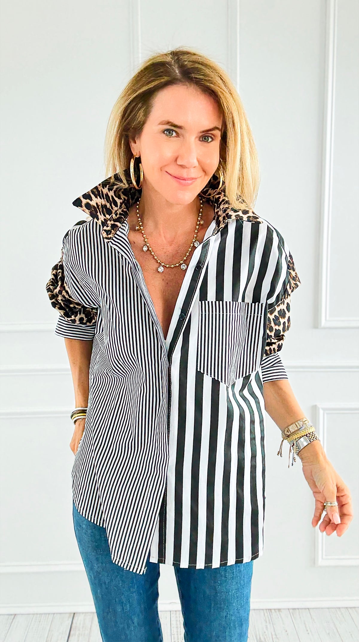 Leopard Stripe Italian Woven Blouse-110 Long Sleeve Tops-TATTOO Z-Coastal Bloom Boutique, find the trendiest versions of the popular styles and looks Located in Indialantic, FL