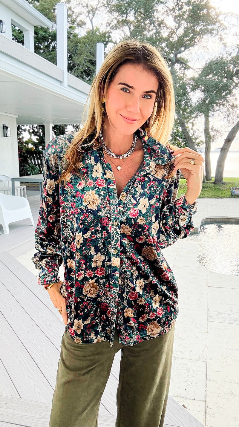 Floral Muse Velvet Button Down Blouse - Green/ Red-130 Long Sleeve Tops-sew in love-Coastal Bloom Boutique, find the trendiest versions of the popular styles and looks Located in Indialantic, FL