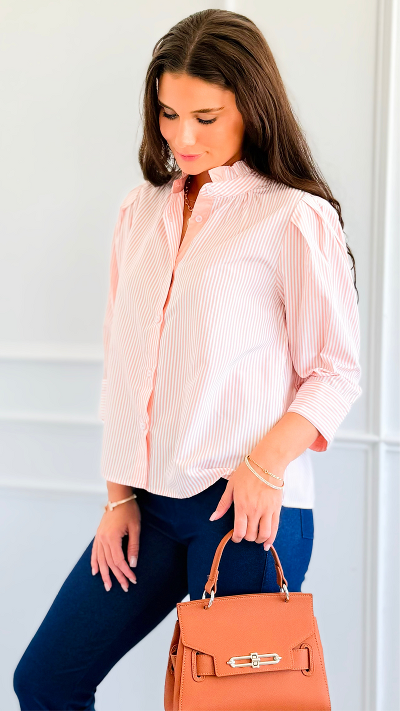 Graceful Stripes Button-Up Blouse - Blush-130 Long sleeve top-Jodifl-Coastal Bloom Boutique, find the trendiest versions of the popular styles and looks Located in Indialantic, FL