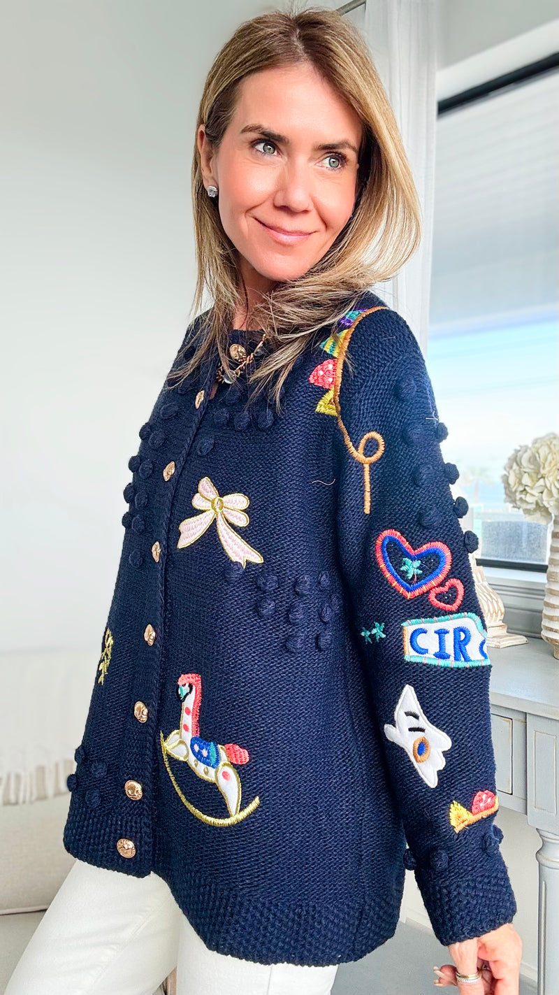 Circus Embroidered Cardigan-Blue-150 Cardigans/Layers-CBALY-Coastal Bloom Boutique, find the trendiest versions of the popular styles and looks Located in Indialantic, FL