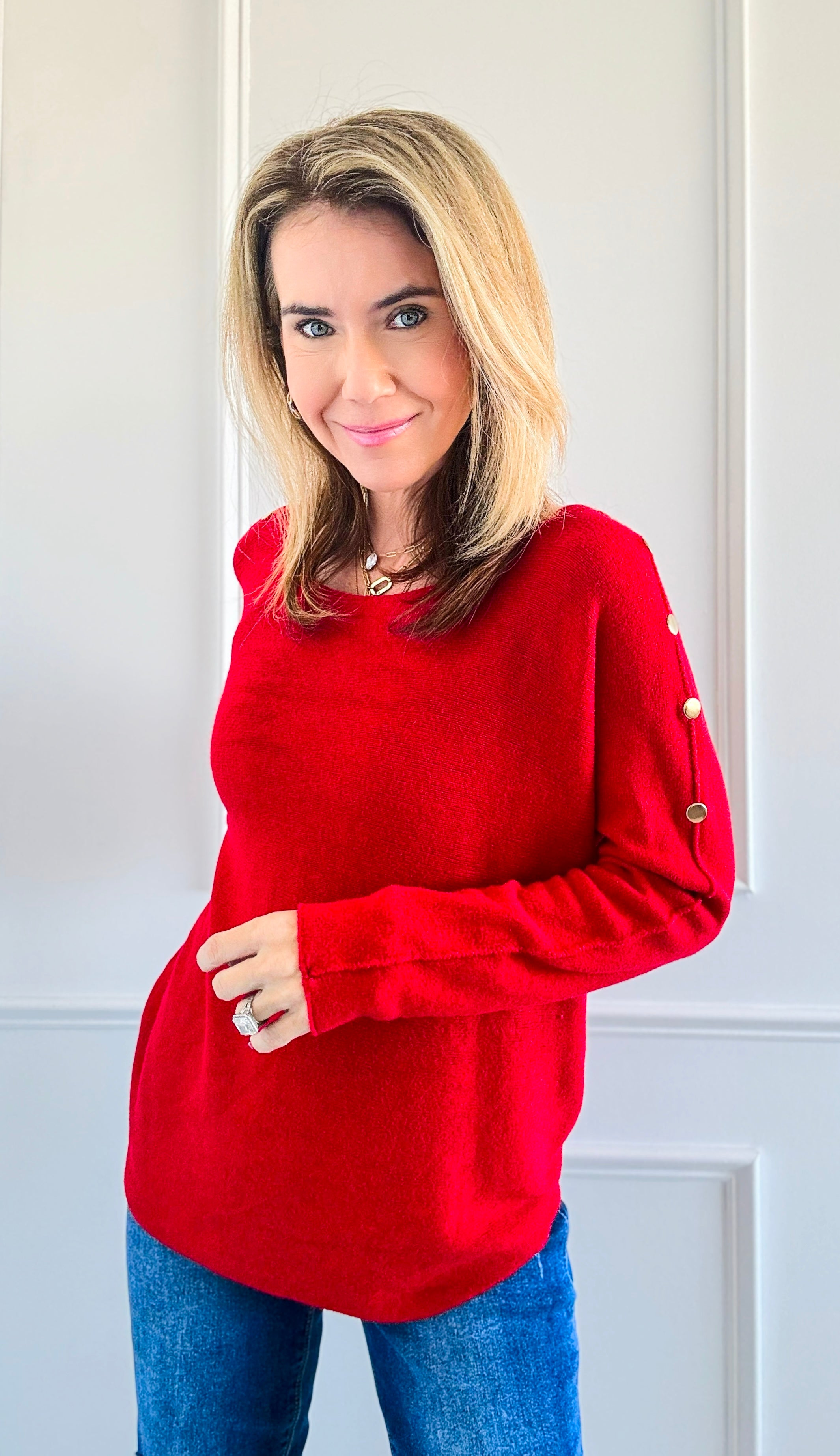 Luxe Shoulder Italian Knit Sweater- Red-140 Sweaters-Italianissimo-Coastal Bloom Boutique, find the trendiest versions of the popular styles and looks Located in Indialantic, FL