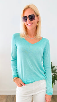 Recoleta Lurex Trim Italian Top - Aqua-130 Long Sleeve Tops-Italianissimo-Coastal Bloom Boutique, find the trendiest versions of the popular styles and looks Located in Indialantic, FL