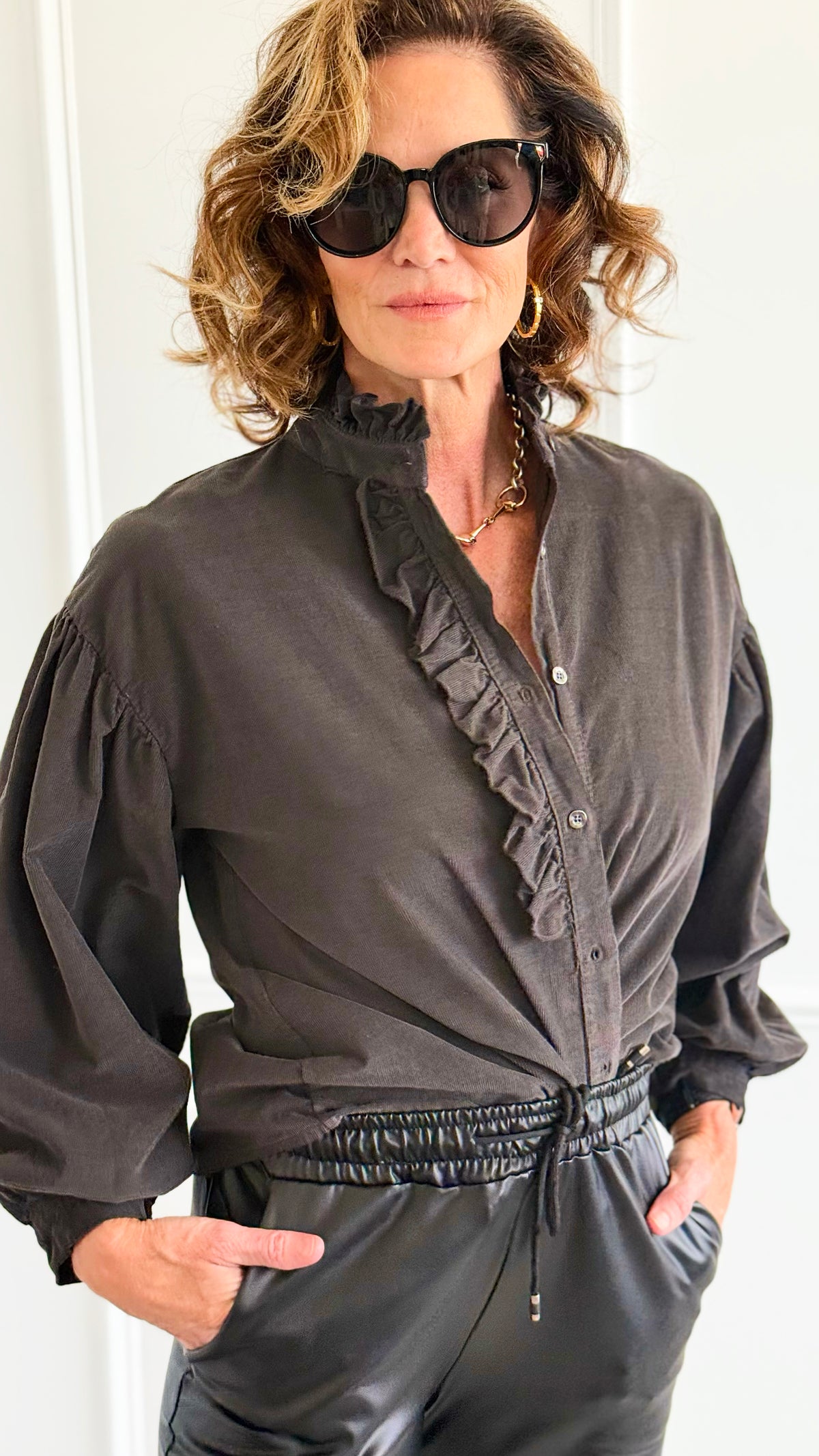 Chic Corduroy Ruffle Neck Italian Button- Down Top- Charcoal-110 Long Sleeve Tops-AZUL MONACO-Coastal Bloom Boutique, find the trendiest versions of the popular styles and looks Located in Indialantic, FL