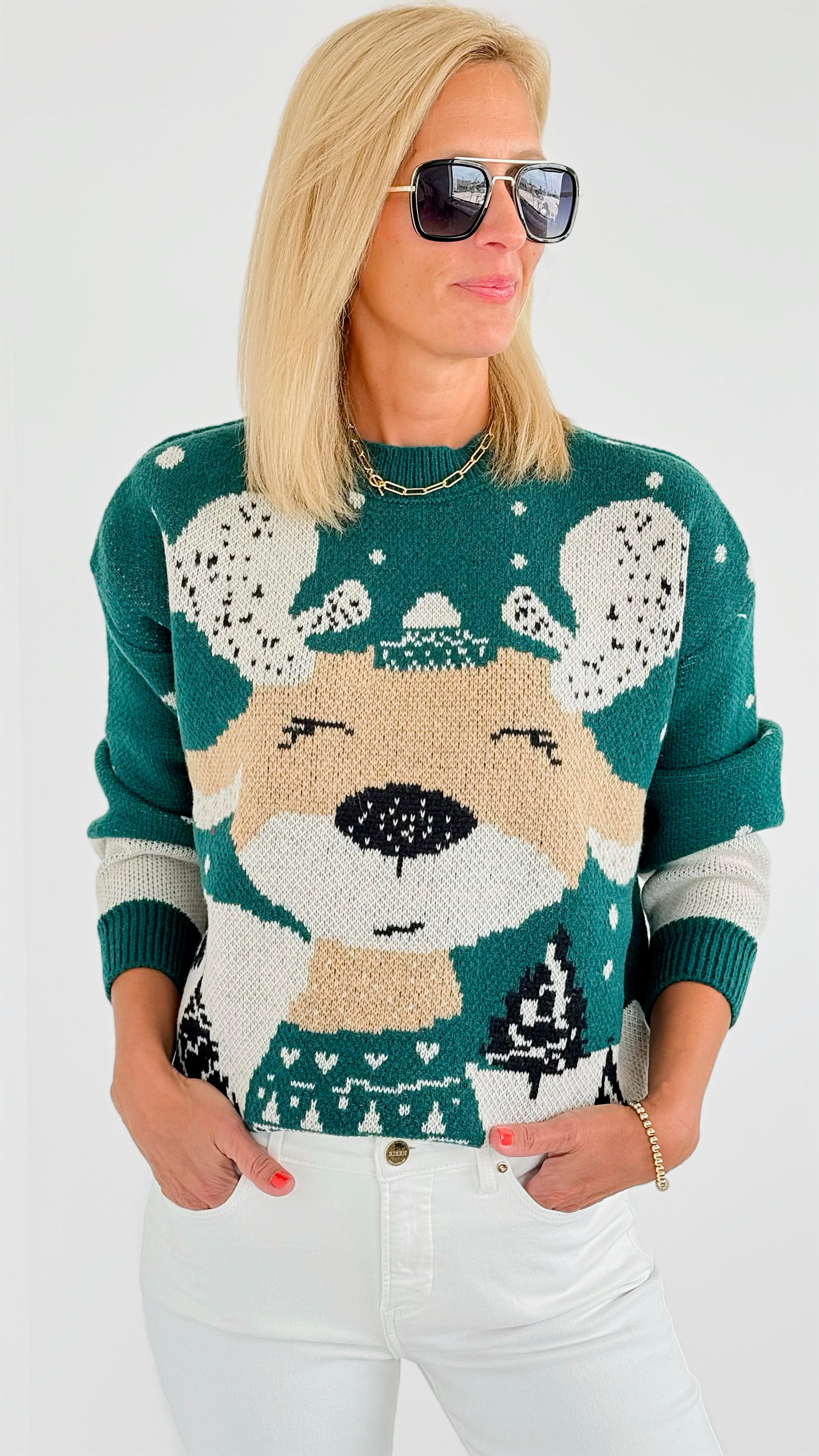 Rudolph Printed Sweater - Green-140 Sweaters-On Blue-Coastal Bloom Boutique, find the trendiest versions of the popular styles and looks Located in Indialantic, FL