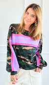 Camo French Terry Stripe Sleeve Top-130 Long Sleeve Tops-BIBI-Coastal Bloom Boutique, find the trendiest versions of the popular styles and looks Located in Indialantic, FL