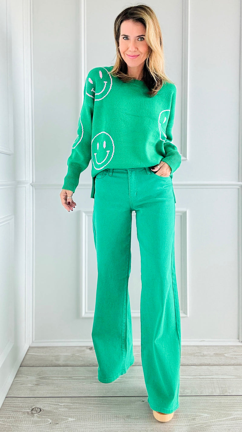 Mid Rise Betty Wide Jeans - Kelly Green-170 Bottoms-Vibrant M.i.U-Coastal Bloom Boutique, find the trendiest versions of the popular styles and looks Located in Indialantic, FL